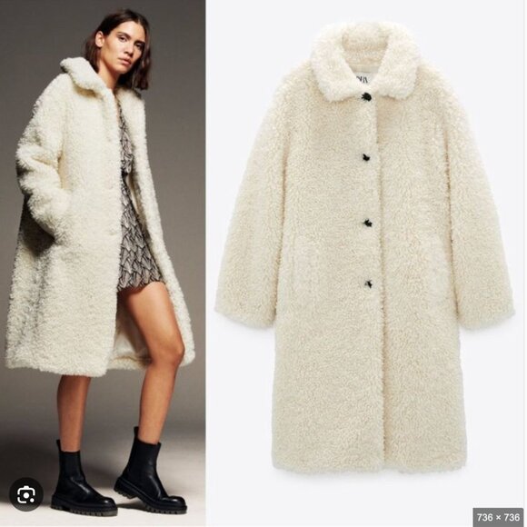 Zara Teddy Bear Faux Shearling Coat Oyster White Blogger Fav Size Small - Picture 7 of 14